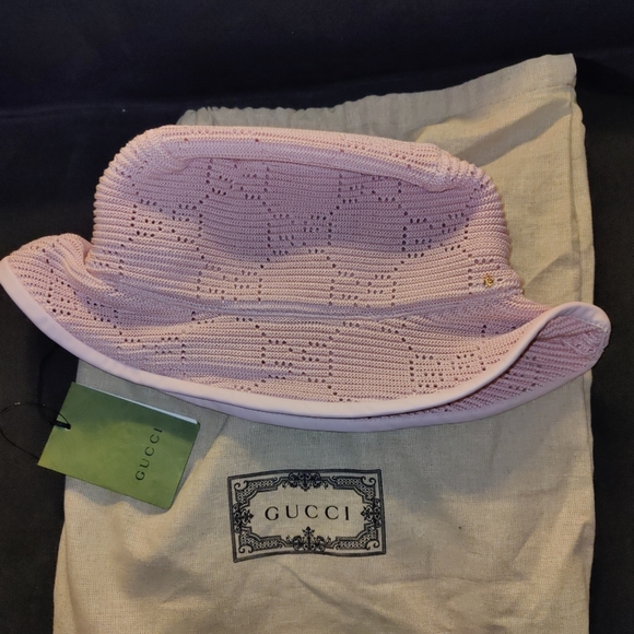 Gucci Knitted Crochet Malibu GG Fabric Leather Bucket Hat Pink XL 59 cm New main image 7